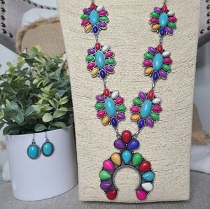 Colorful Squash Blossom Necklace and Earrings Set
